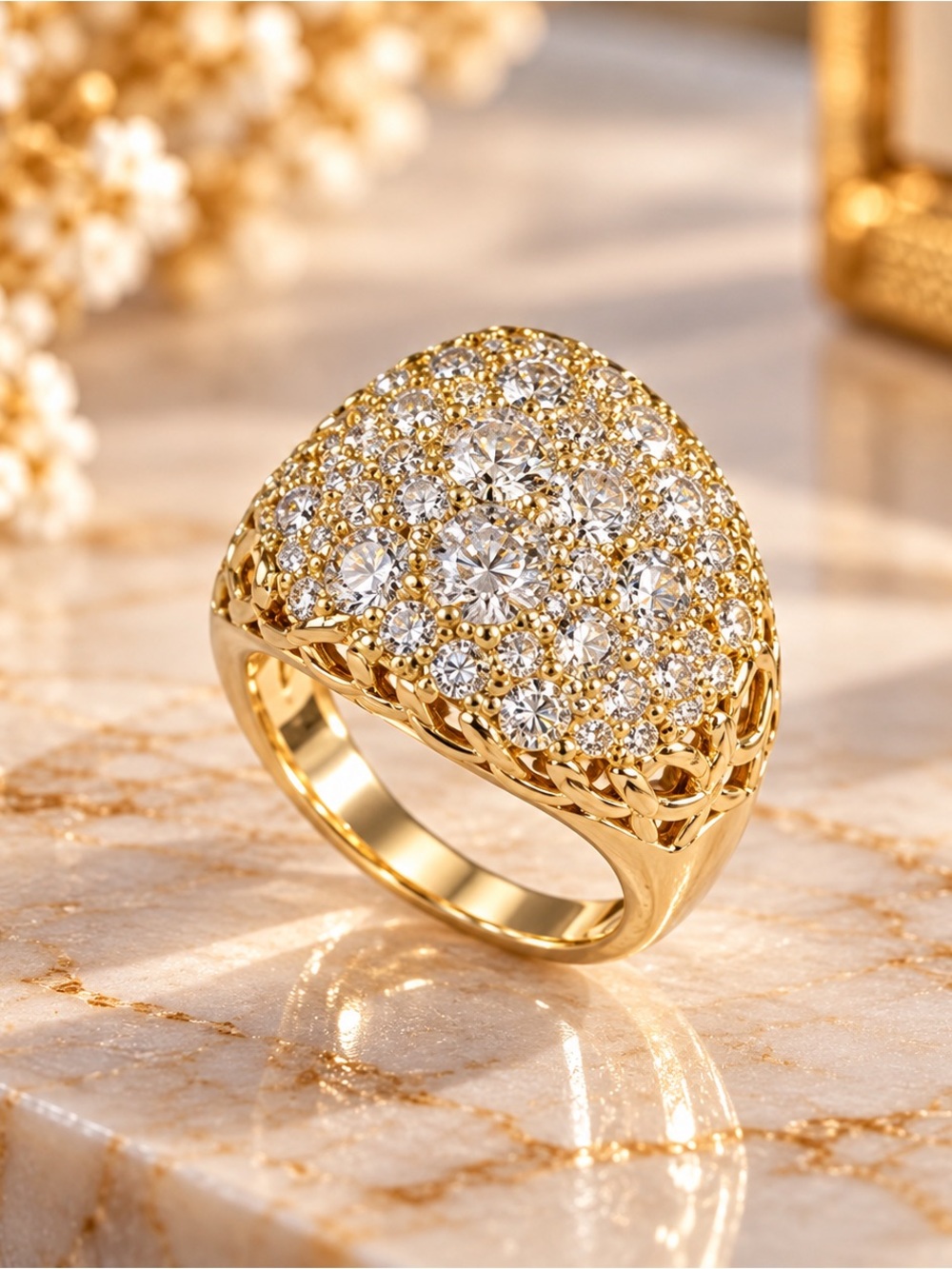 18K Gold Filled Round CZ Cluster Dome Cocktail Ring Women’s Statement Jewelry